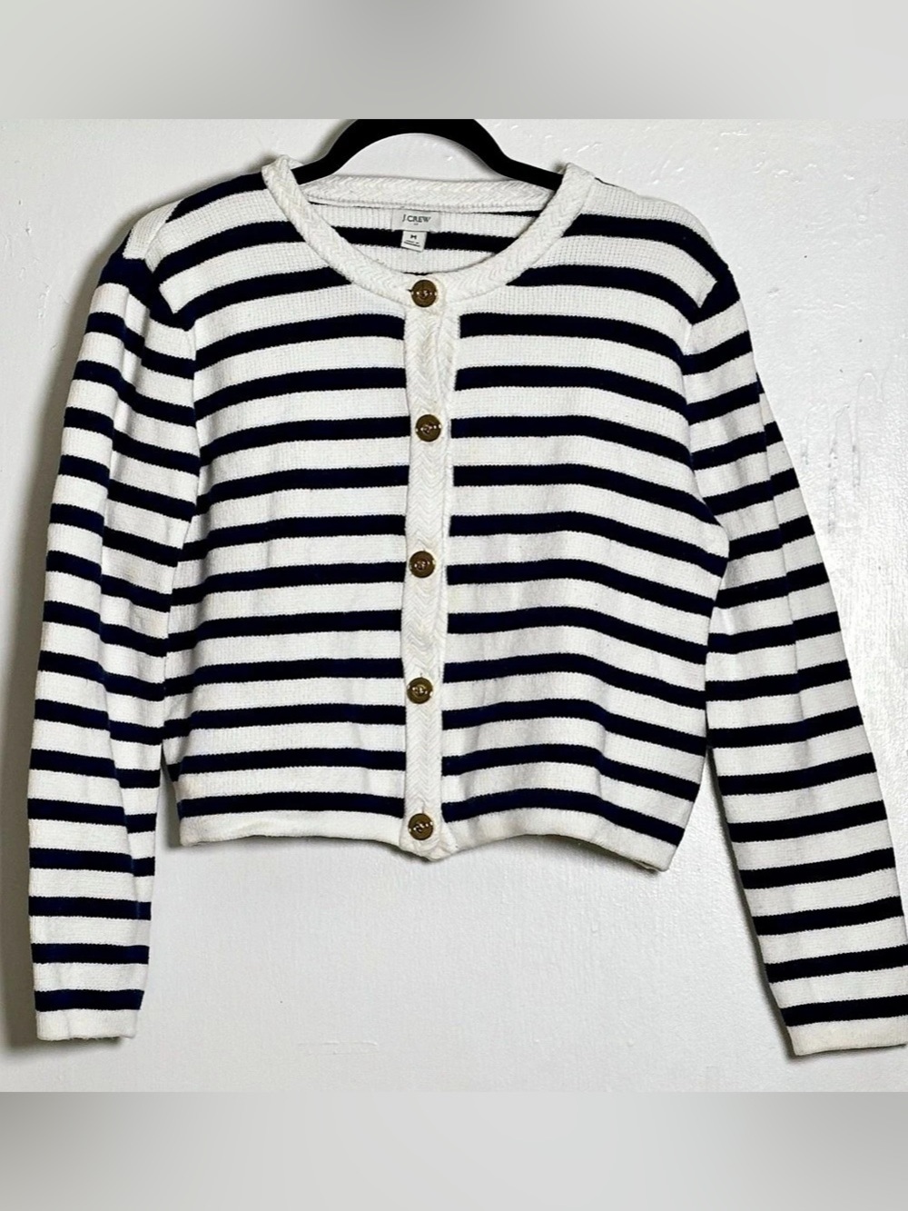 J.Crew Factory Striped Cotton Lady Jacket Cardigan Sweater Navy White Size M